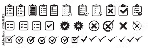 Fototapeta Checklist icon set, checkmarks, cross symbols, and clipboard designs vector 