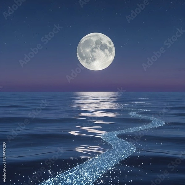 Obraz A captivating night scene depicting a prominent full moon hanging in the dark sky above a body of water. A visible path of moonlight extends across the water's surface, appearing almost like a shimmer