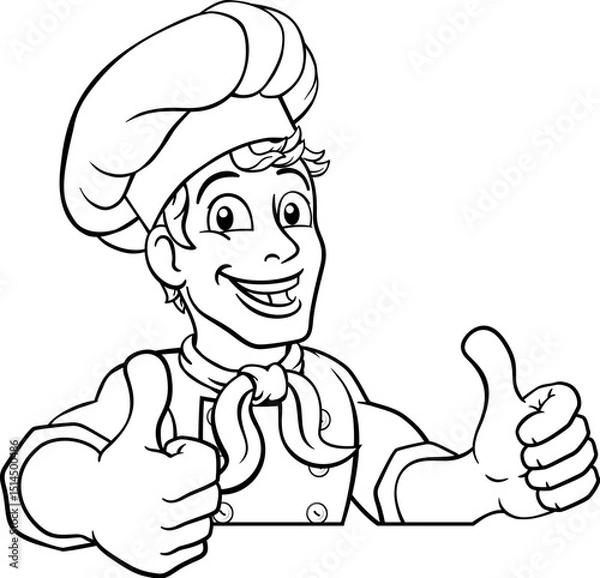 Fototapeta A chef cook or baker cartoon character mascot peeking over a sign and gving a double thumbs up