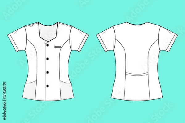 Fototapeta Black and White Modern Medical Scrub technical drawing fashion flat sketch CAD mockup front and back views.
