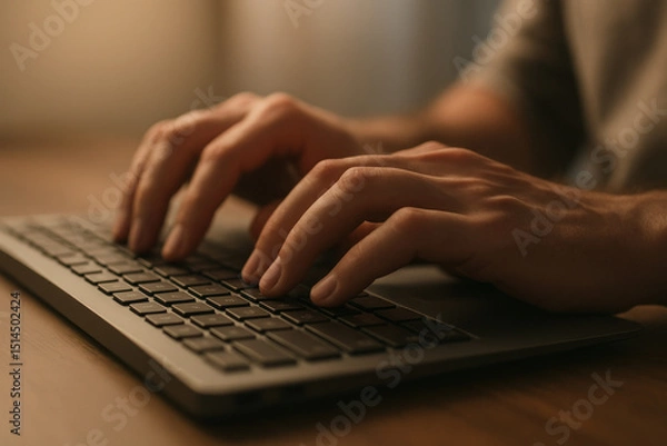 Obraz Person typing on laptop keyboard.