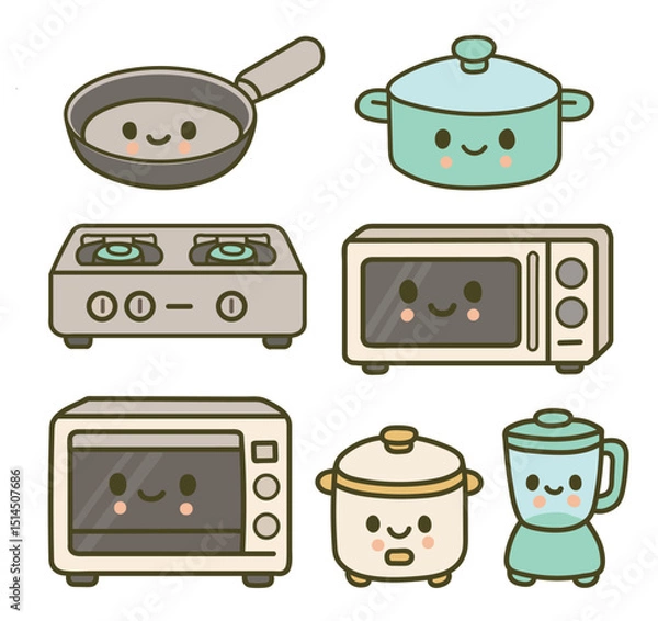 Fototapeta Kawaii kitchen utensils line isolated vector file