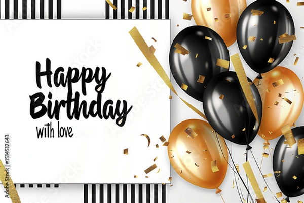 Obraz Texte en anglais "Happy Birthday with love" écrit en noir sur une carte blanche entourée de ballons dorés et noirs, confettis brillants et rubans dorés, ambiance festive élégante, 