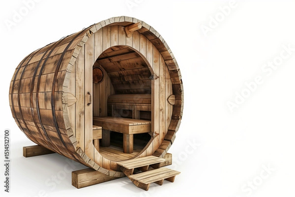 Obraz Sauna extérieur en forme de baril en bois massif avec bancs intérieurs visibles, structure rustique sur fond blanc, espace négatif copyspace