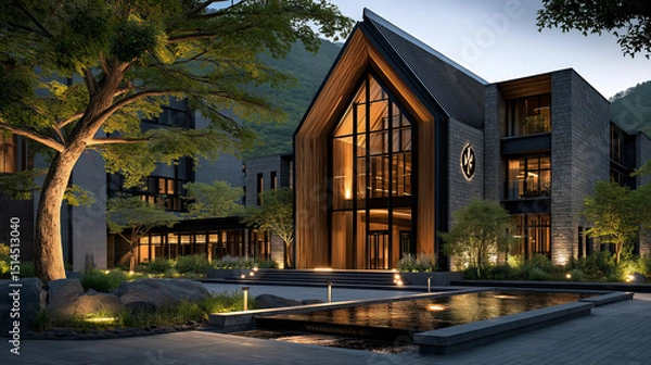 Obraz Luxury Mountain Resort at Night: A stunning architectural marvel nestled in a mountain setting. The resort's exterior glows with warm lighting against the dark mountain backdrop.