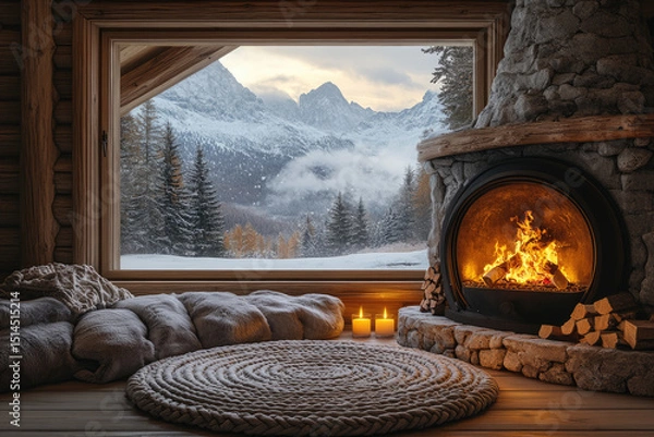 Fototapeta Rustic Wooden Chalet With Soft Blankets and Falling Snow