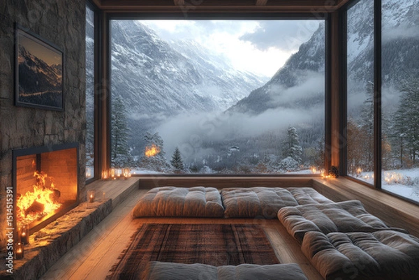 Fototapeta Serene Winter Retreat With Fireplace and Panoramic Views
