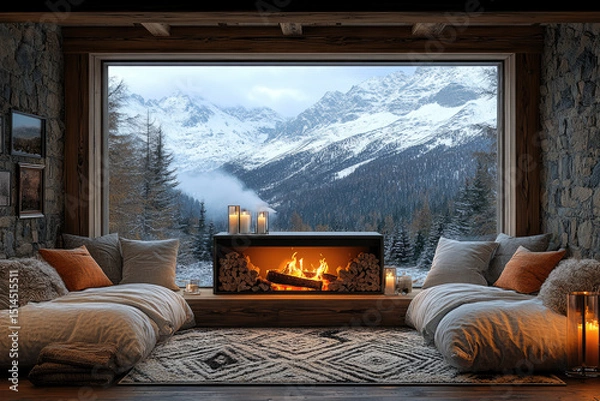 Fototapeta Warm Candlelight and Snowfall in a Cozy Alpine Cabin