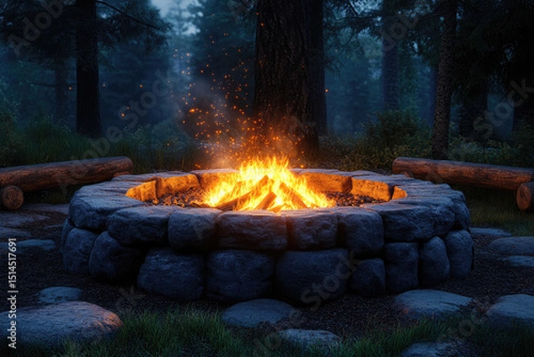 Fototapeta Where Wooden Seats Circle the Dancing Fire Flames