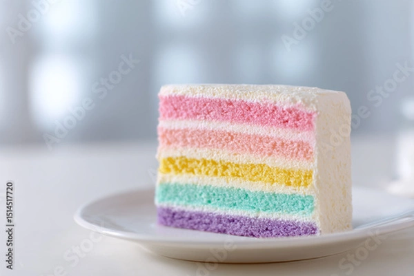 Obraz Rainbow cake with vibrant layers on white plate
