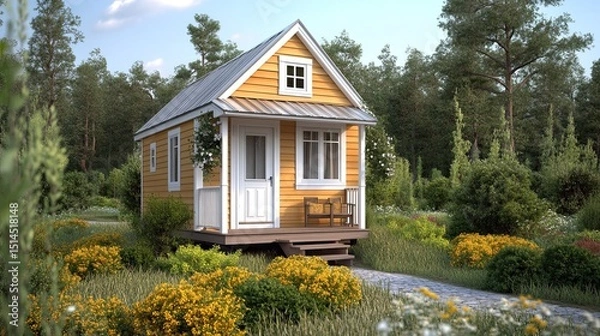 Obraz A small yellow house with a white door and porch surrounded by lush greenery and a stone pathway leading up