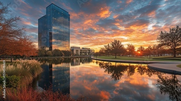 Obraz Reflective lake at sunset with a modern building and colorful sky in the background landscape view