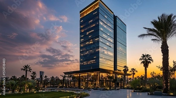Obraz Modern building with glass facade at sunset with palm trees and colorful sky in the background view
