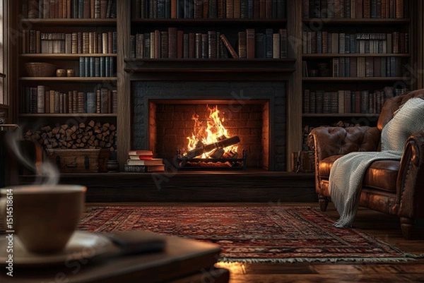 Fototapeta A Warm, Inviting Study with Realistic Flames and Old Books