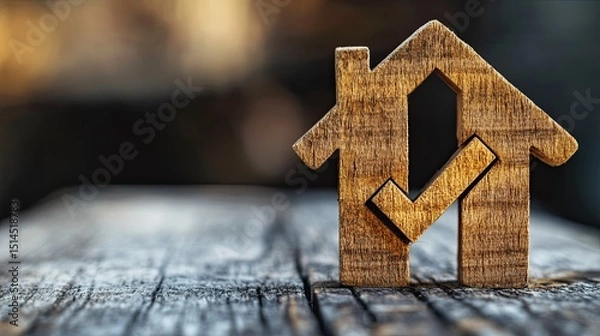 Obraz A wooden house with a check mark on a weathered wooden surface against a blurred dark background