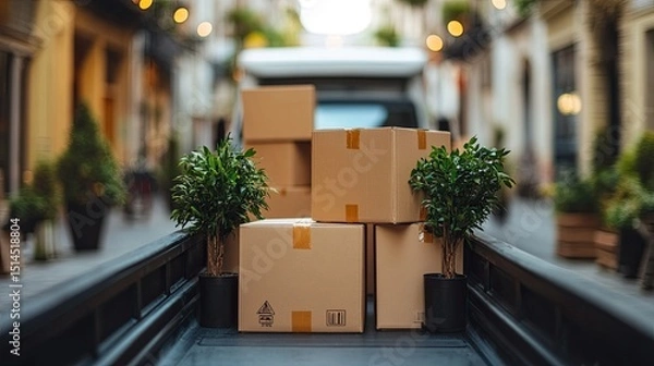 Obraz A truck bed filled with cardboard boxes and potted plants on a city street during the daytime