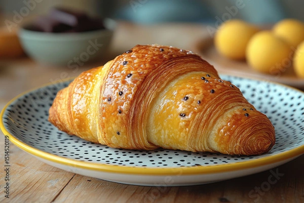 Fototapeta A Croissant on a Plate with a Paint Brush Stroke and Chocolate Circle