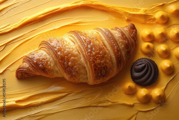 Fototapeta A Croissant on a Plate with a Paint Brush Stroke and Chocolate Circle