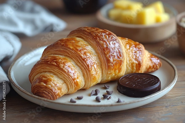 Fototapeta Creative Food Art: Croissant, Brush Stroke, and Circular Chocolate