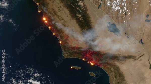 Fototapeta Aerial View of a Massive Wildfire Devastating a Desert Landscape