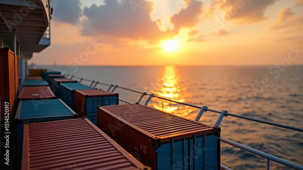 Fototapeta Container Cargo freight ship with working crane bridge at sunset for Logistic Import Export background
