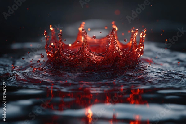 Fototapeta Floating Crown of Red Liquid Surrounded by Splashes and Dark Water