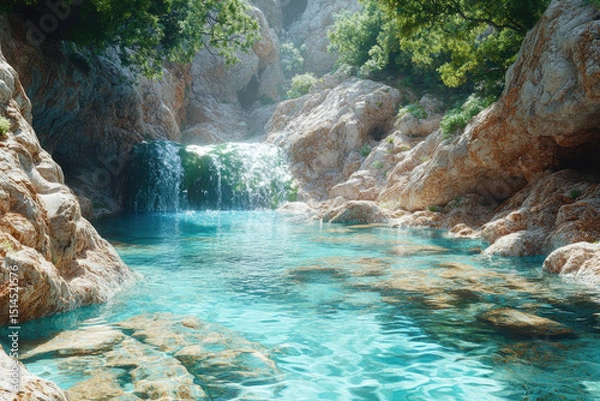 Fototapeta A Crystal-Clear Mountain River Flowing Gently Through A Rocky Canyon