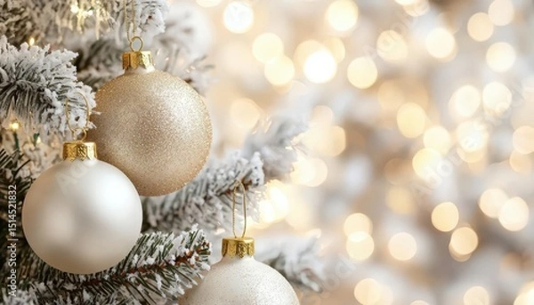 Fototapeta Close-up of festive gold and silver Christmas ornaments on snow-dusted tree with blurred warm lights background