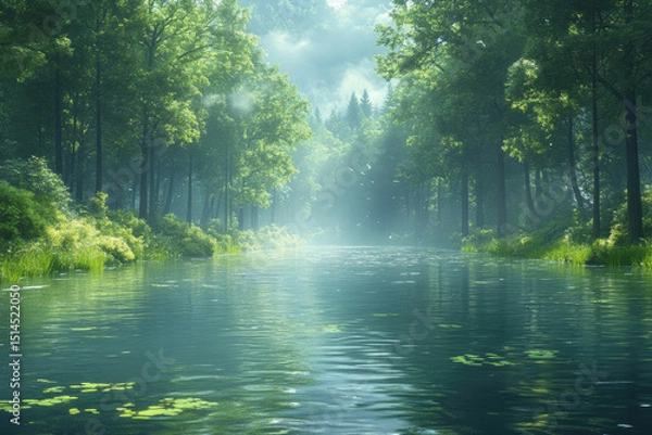 Fototapeta The Gentle Flow of a River Surrounded by Forest and Morning Mist