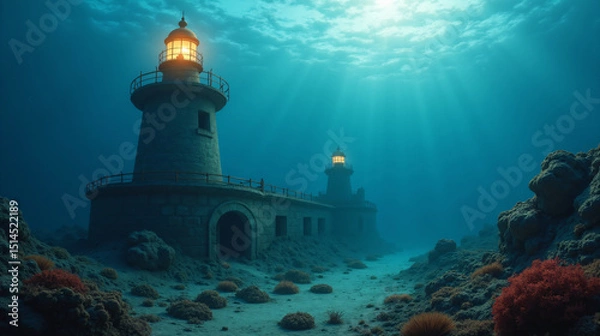 Fototapeta Underwater Lighthouse Illuminating the Depths of the Fantasy World
