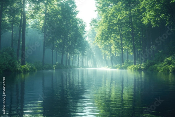 Fototapeta Birds Resting on Branches by a Peaceful River Through a Forest