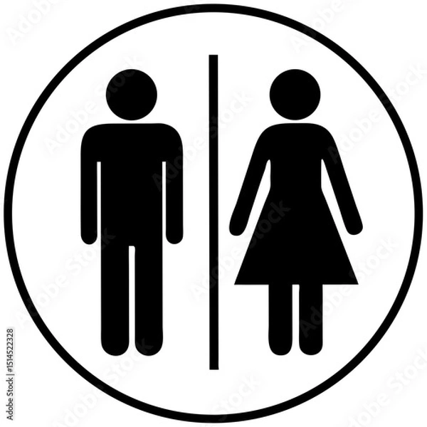 Obraz Black and white restroom icon with male and female figures separated by a vertical line, universal signage for public spaces, inclusive restroom design, and gender-specific facilities

