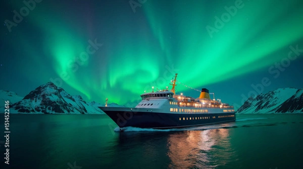 Fototapeta Cruise Ship Under the Mesmerizing Aurora Borealis in the Arctic Waters