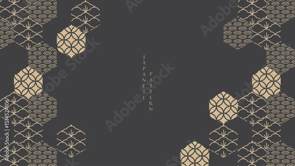 Fototapeta Abstract art with Japanese geometric pattern vector banner. Nature art background with wave and bonsai tree invitation card template in vintage style. Asian traditional icon and symbol design