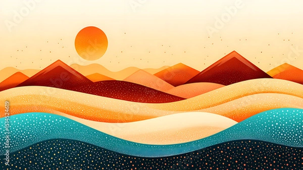 Obraz Abstract landscape with orange sun and layered hills in warm and cool tones creating peaceful and vibrant scene
