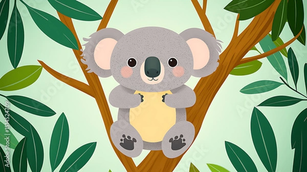 Obraz Cute koala sitting on tree branch with green leaves around in calm nature scene, adorable animal illustration