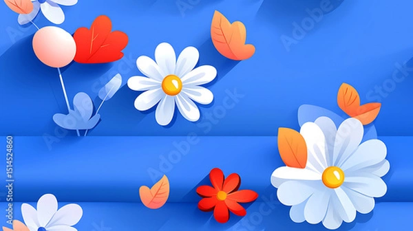 Obraz Bright floral pattern with white and red flowers and orange leaves on vibrant blue background, cheerful and fresh design
