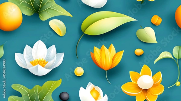 Obraz Yellow flower white flower green leaf seamless pattern with copy space for text on blue background