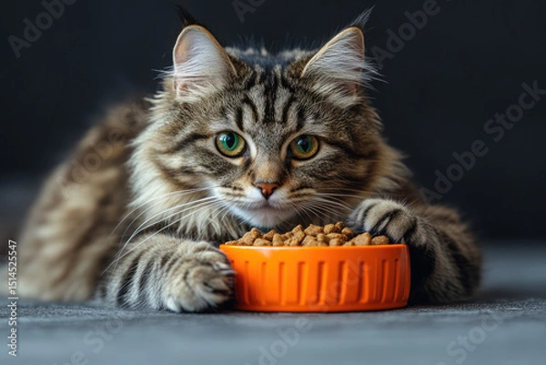 Fototapeta A Playful Feline Holds Its Paw Close to the Food Bowl