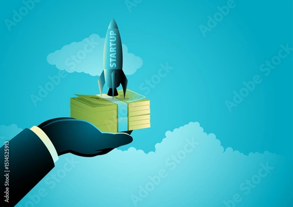 Obraz Startup investment launch concept, rocket and money stack vector illustration.