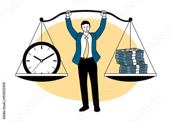 Obraz Cartoon businessman stands confidently, balancing a scale with money on one side and a clock on the other. Represents the trade off between time and wealth and work life balance