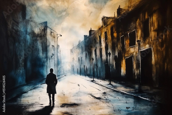Fototapeta a lonely figure standing on an empty street, against a gloomy and cold urban landscape that conveys a sense of loneliness and isolation.