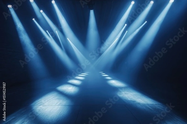 Fototapeta Flashing lights illuminate the stage in preparation for an electrifying music performance, flashing lights for music videos