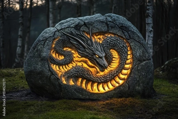 Obraz Norse dragon stone carving illuminated by fire in a forest setting at dusk, Norse Dragon Stone Carving Illuminated With Fire