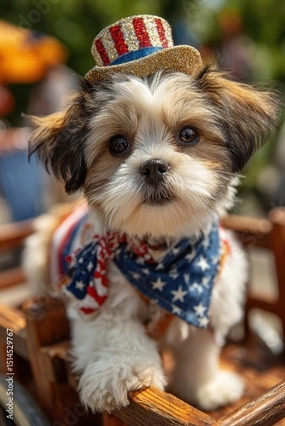 Fototapeta Adorable Shih Tzu Dressed in Red, White, and Blue for 4th of July Celebration