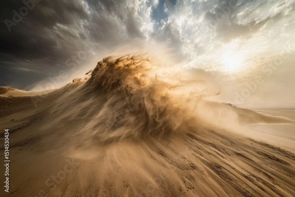 Obraz Strong winds stir up sand in Liwa desert, creating dramatic patterns at sunset, Strong wind blowing the sand in the Liwa desert in Abu Dhabi, UAE