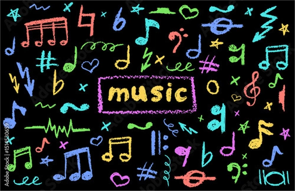 Fototapeta Vector illustration of colorful music notes in charcoal scribble style. Handwritten pop sketch elements on black for edgy, artistic designs. Cute childish music school pastel or wax pencil signs