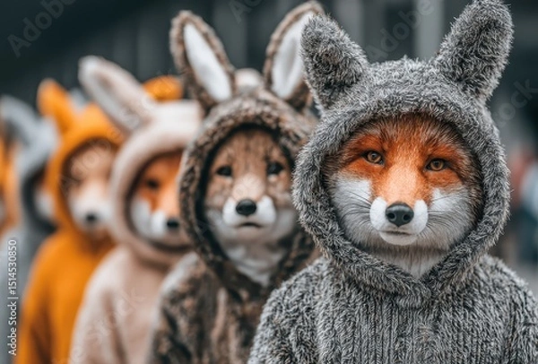Fototapeta Group of People in Animal Costumes Walking in a Fun Procession
