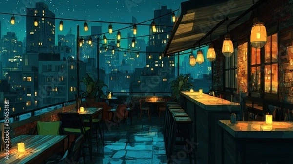 Fototapeta Cozy Rooftop Bar Scene with String Lights and Tables Under a Starry Night Sky