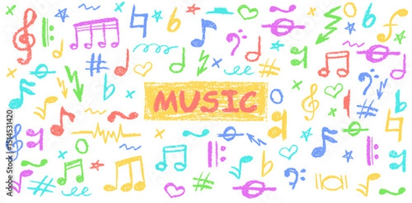 Fototapeta Colorful music notes in charcoal scribble style. Handwritten pop sketch elements on white for edgy, school designs. Cute childish music kindergarten pastel or wax pencil signs. Vector illustration